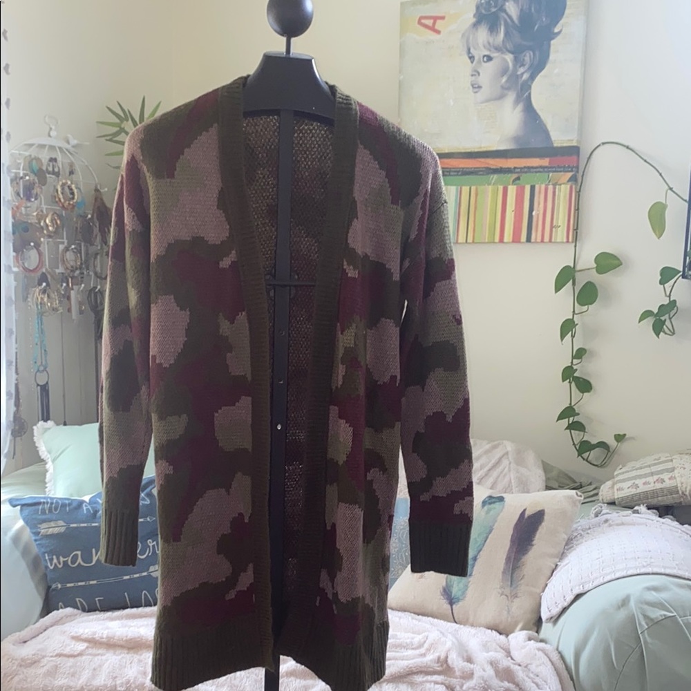 Green and Brown Open-Front Cardigan Sweater